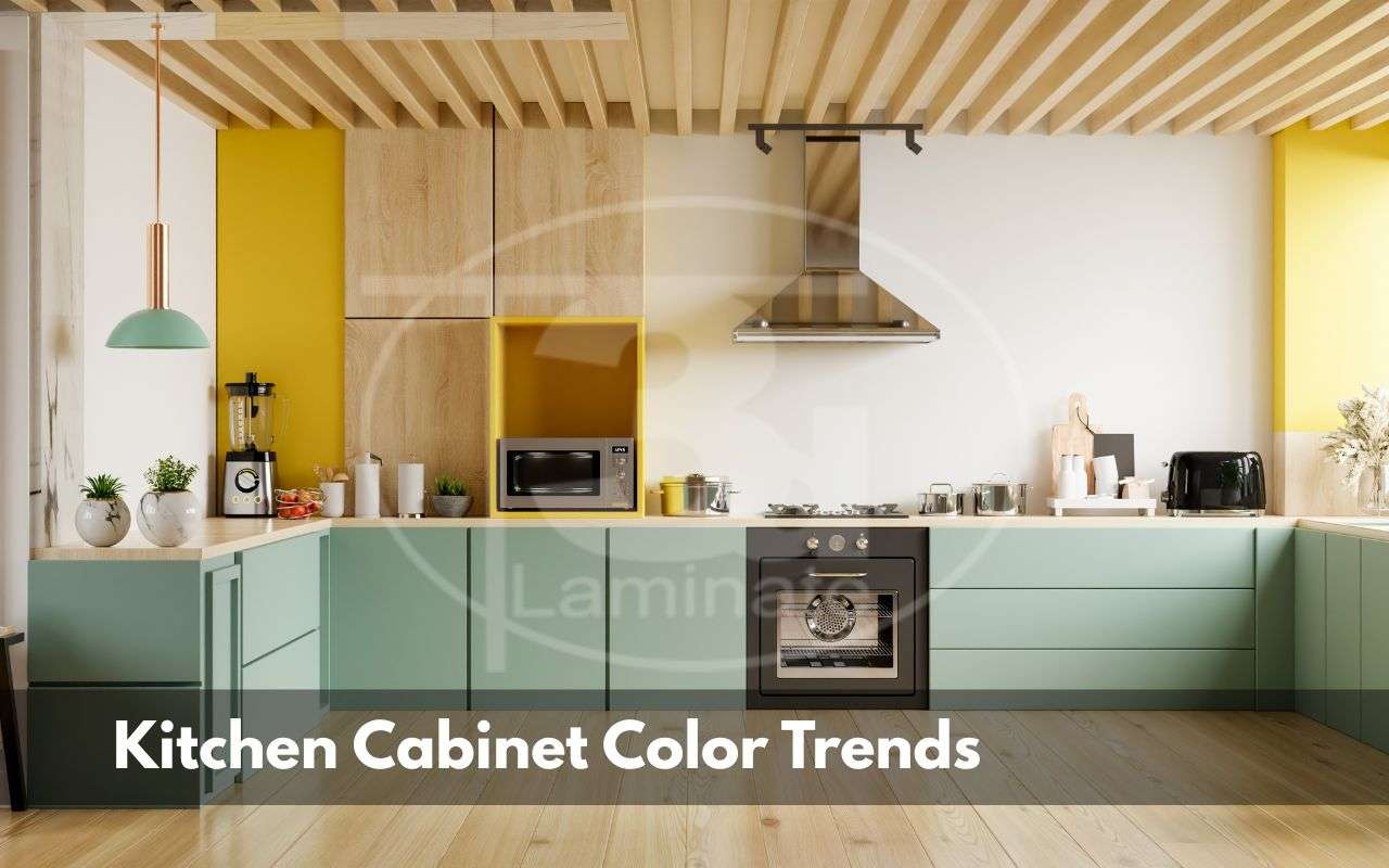 Sage green kitchen cabinets with natural wood accents
