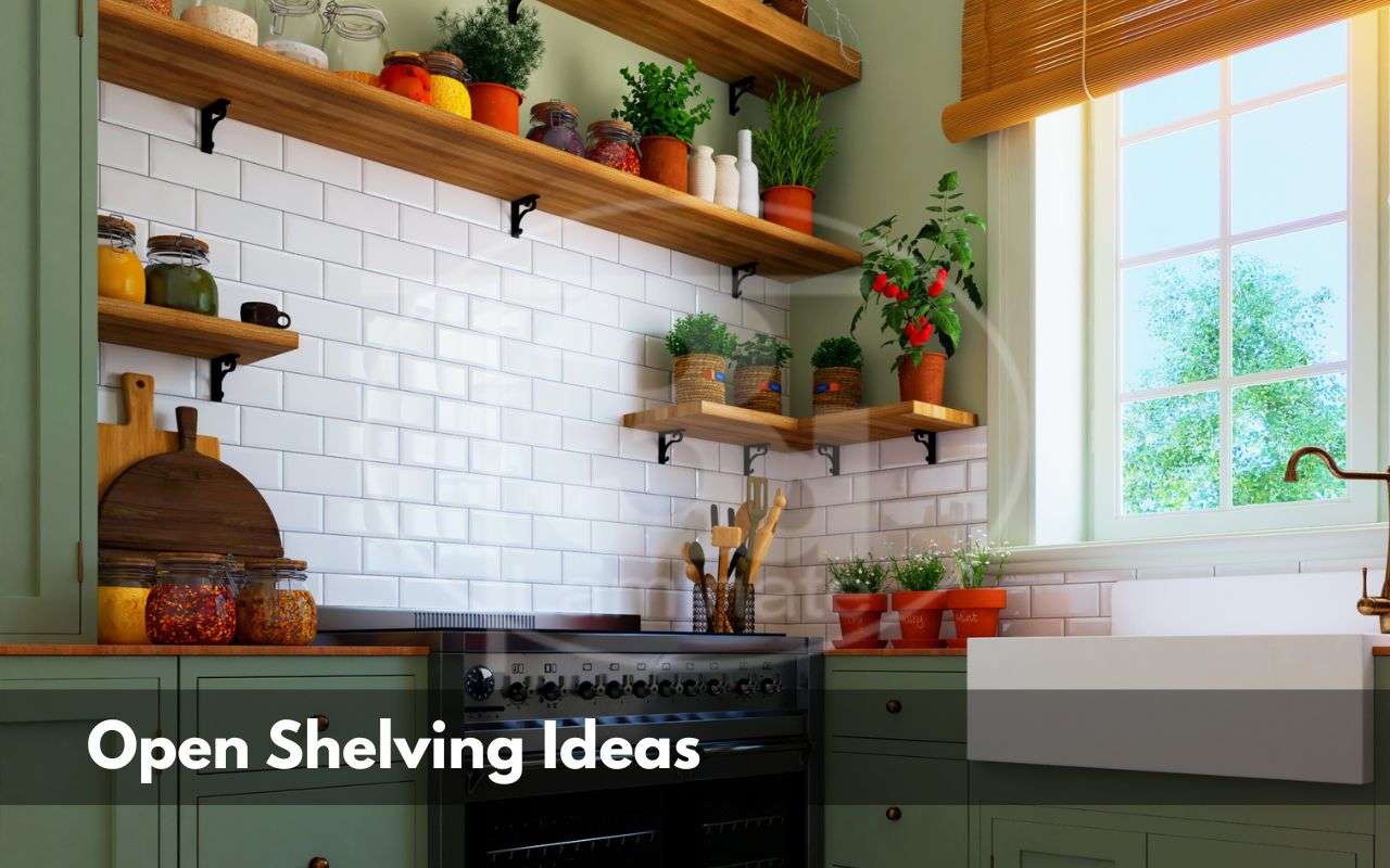 Open wooden kitchen shelves with decor and dishware