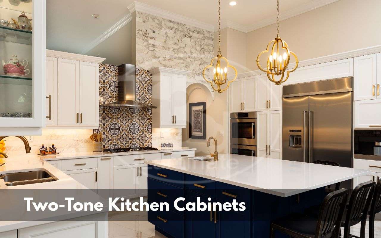 Upper white and lower navy two-tone kitchen cabinets