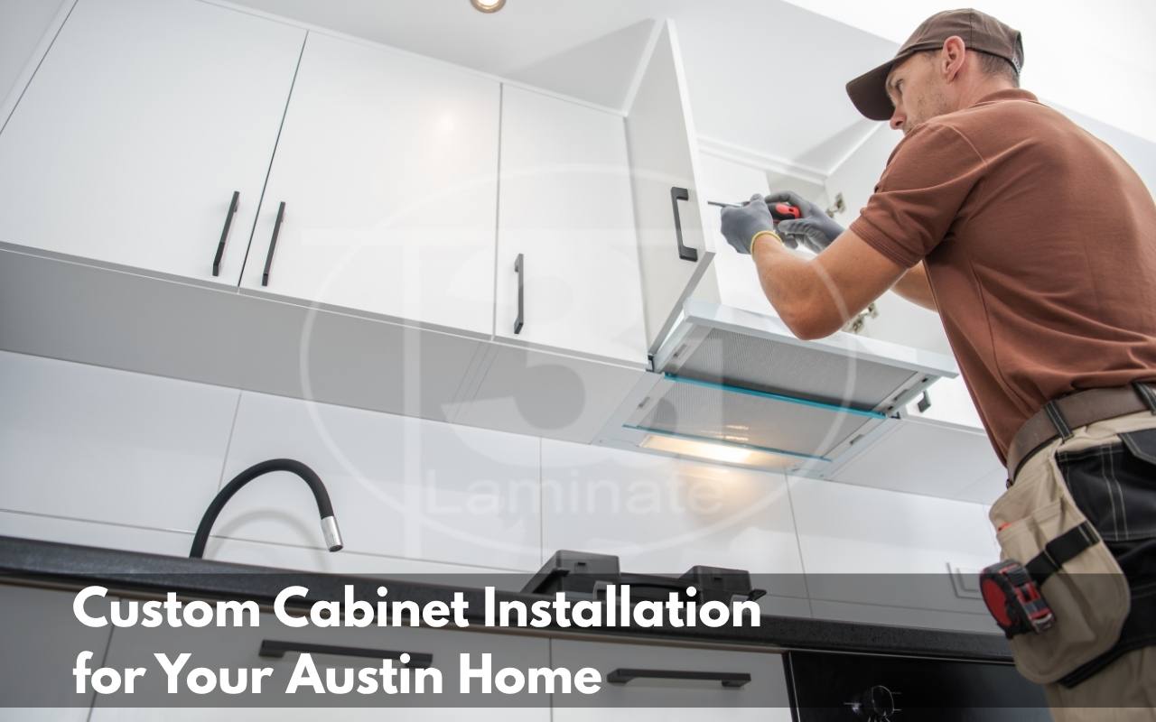 Professional cabinet installer working in an Austin, TX kitchen