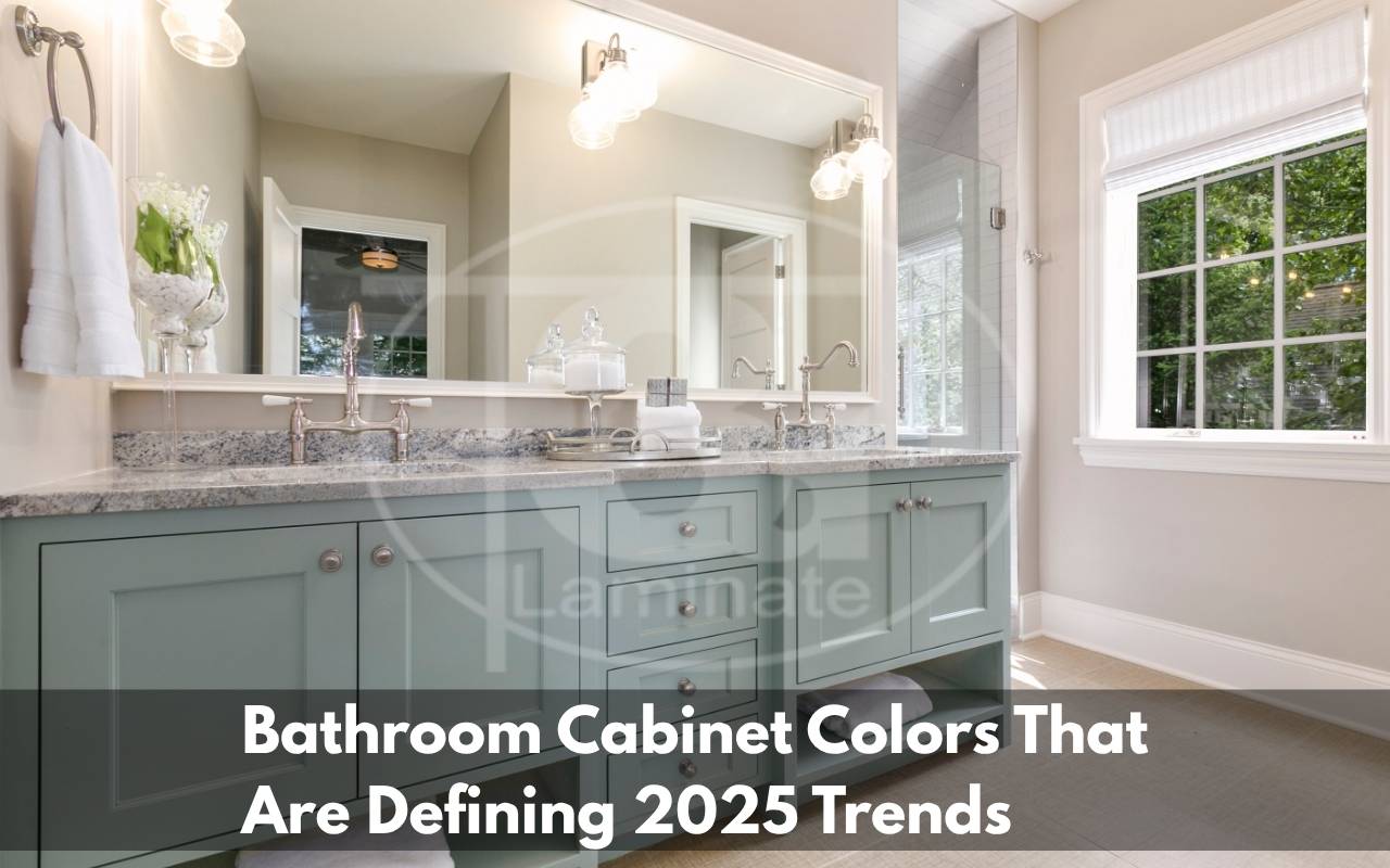 Bathroom with two-tone cabinet color scheme in soft gray and wood