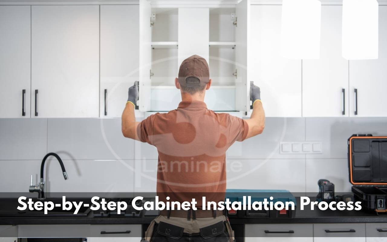 Installer marking wall layout during cabinet installation process in Austin