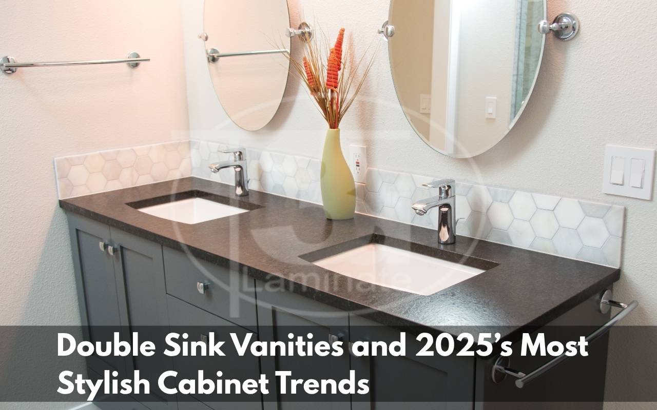 Modern double sink vanity with two mirrors and stone countertop in 2025 style