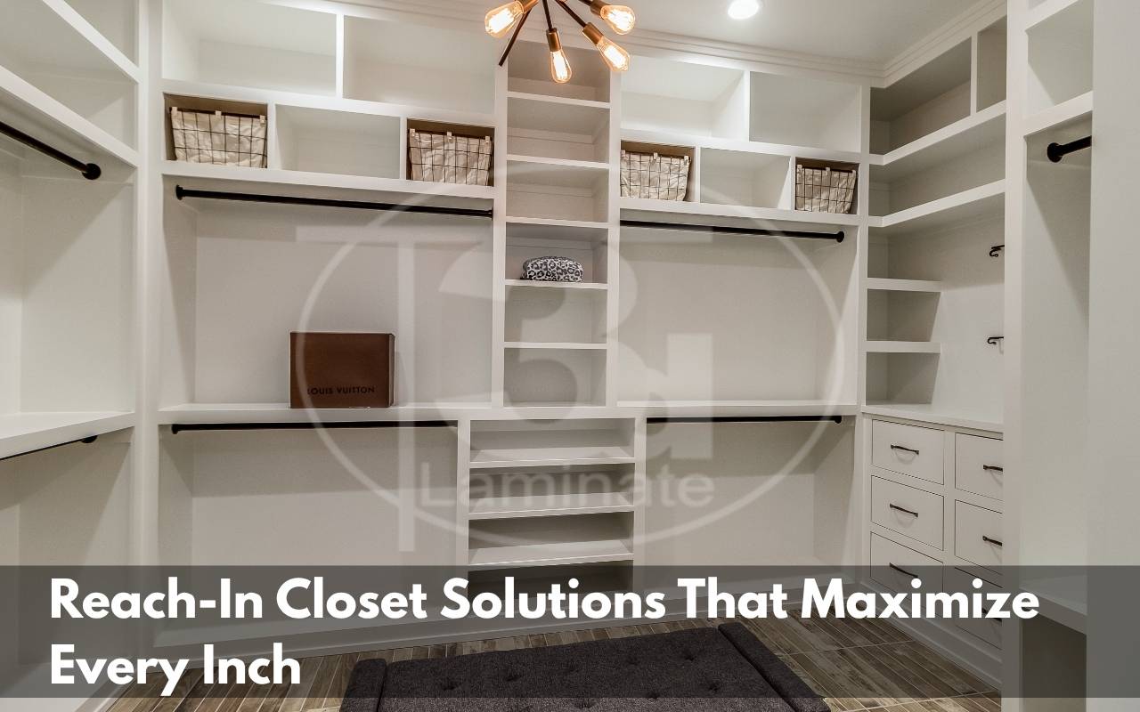 Reach-in closet with two rows of hanging rods for organized clothing storage