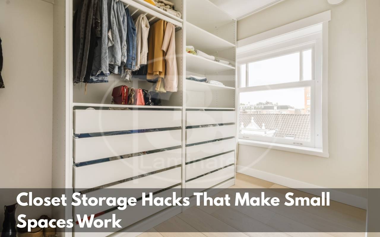 Closet shelf with dividers separating folded clothing neatly