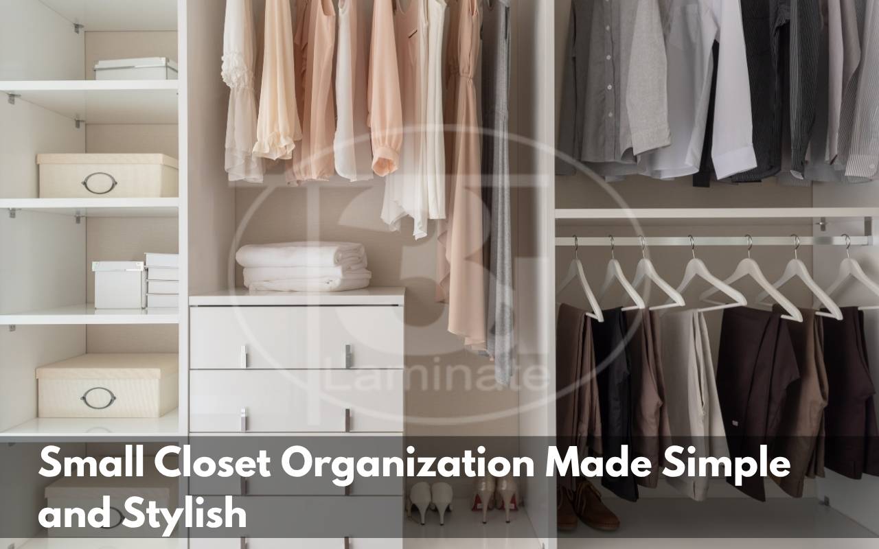 Closet with double rods and upper shelf for vertical organization