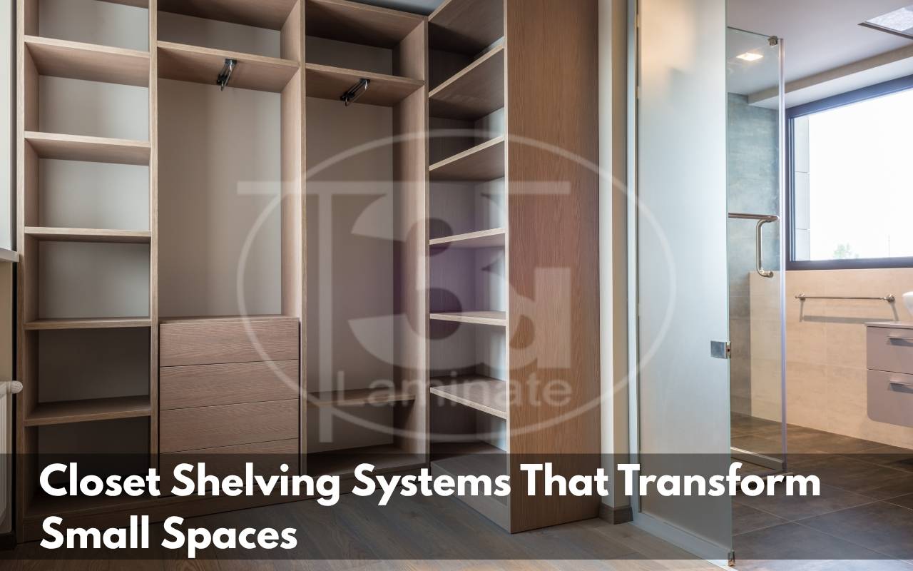 Floor-to-ceiling closet shelving system with open and closed sections