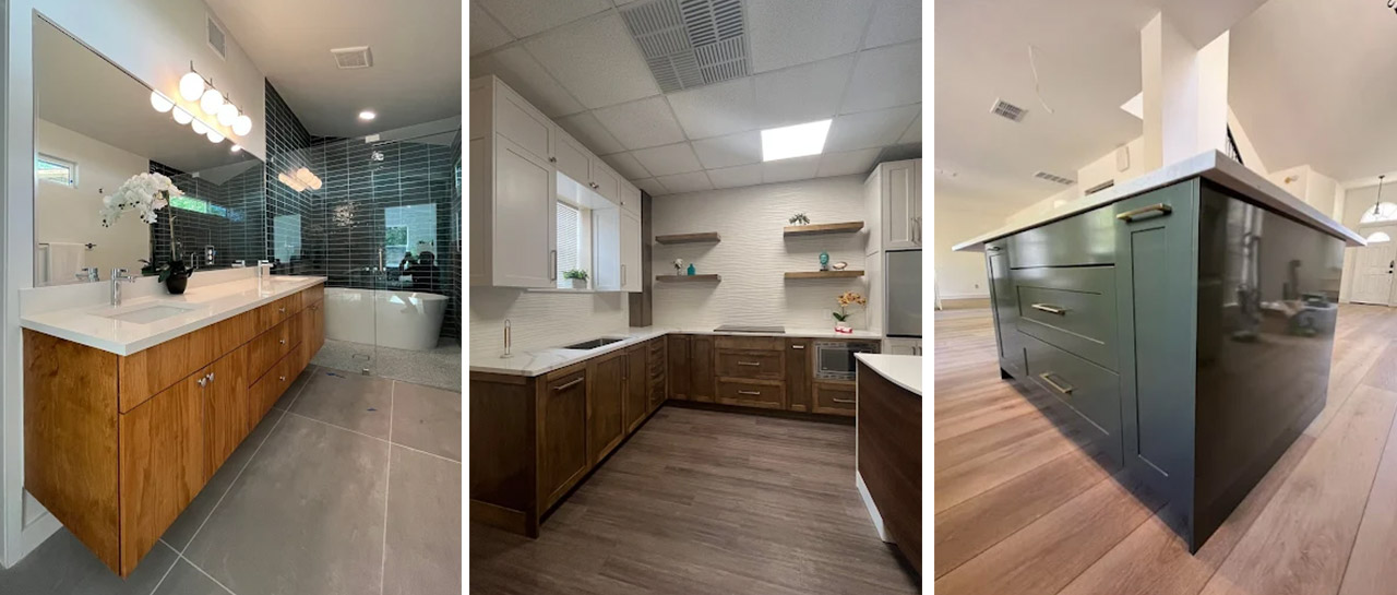 Custom countertop cabinets with white stone top installed in Texas kitchen