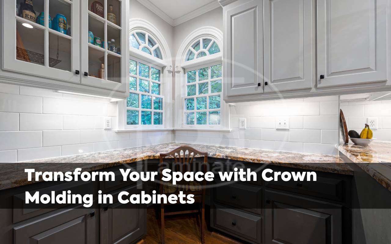 Modern kitchen with crown molding in cabinets