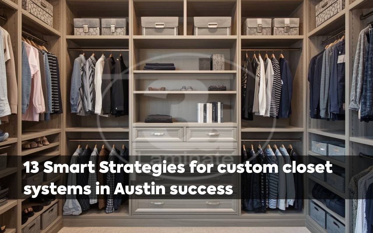 Custom closet systems in Austin designed for a bright master bedroom with double hanging rods and open shelves