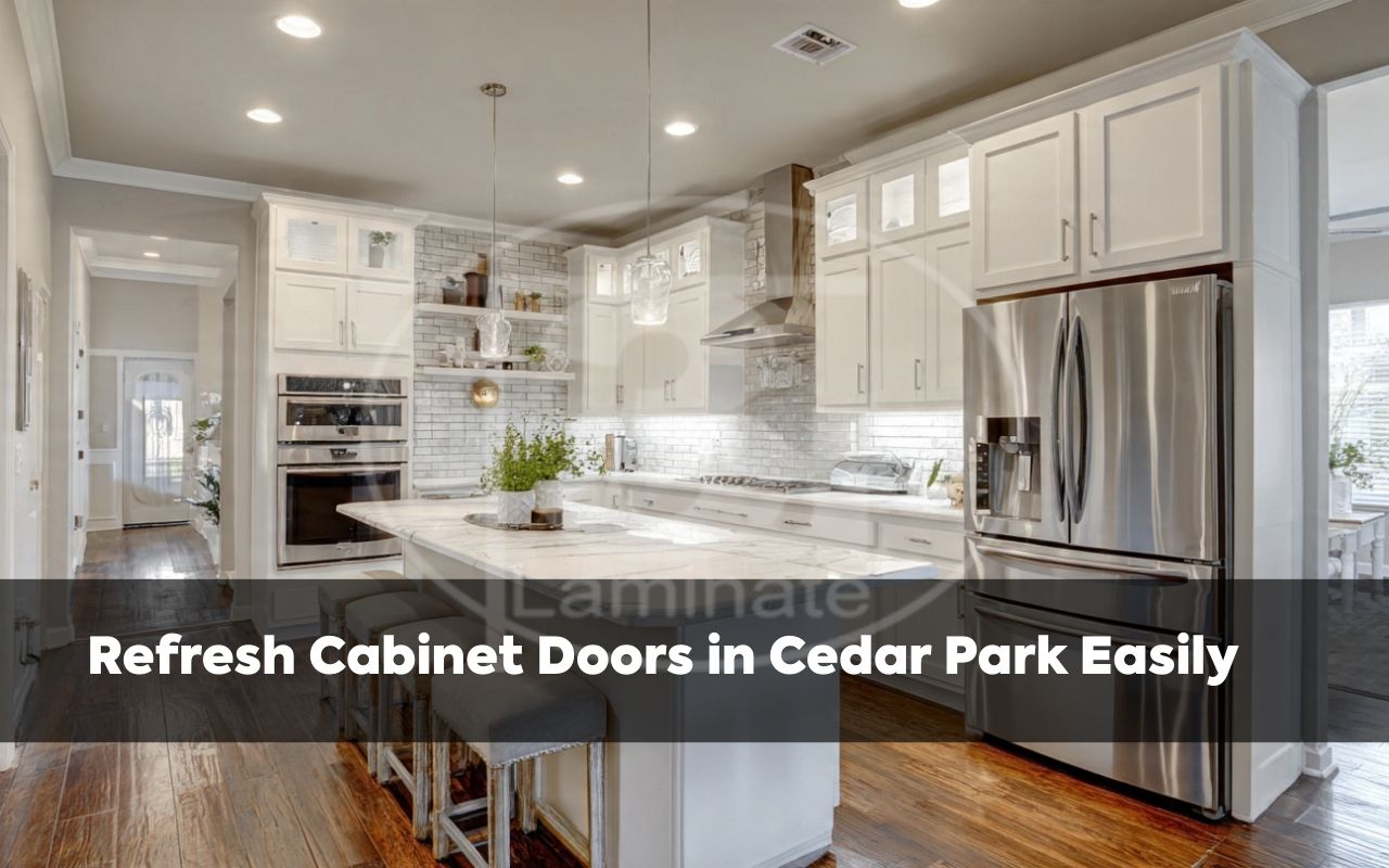 Modern kitchen with white Cabinet Doors in Cedar Park and stainless steel appliances