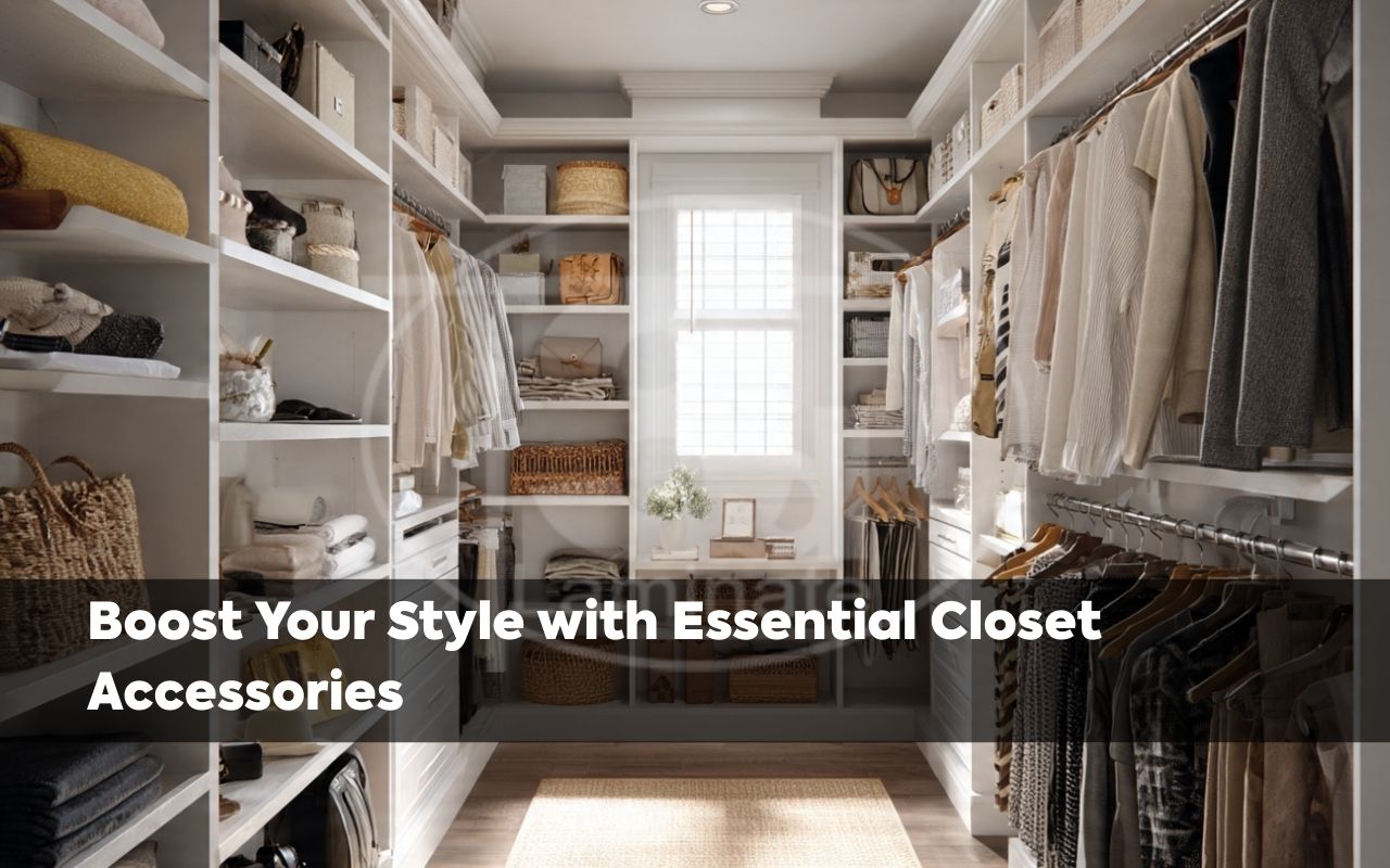 Custom closet with Must-Have Closet Accessories including shelves, baskets, and lighting for a clean, organized wardrobe.