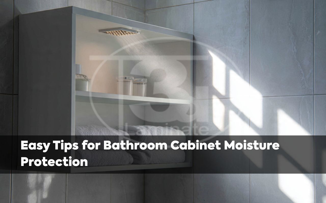Bathroom cabinet moisture protection with a bathroom fan improving ventilation after a hot shower.