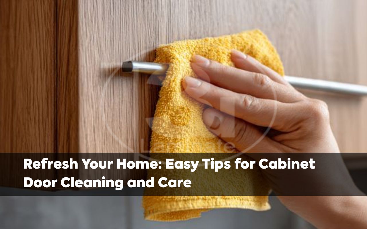 Cabinet door cleaning and maintenance on modern kitchen cabinets using a microfiber cloth