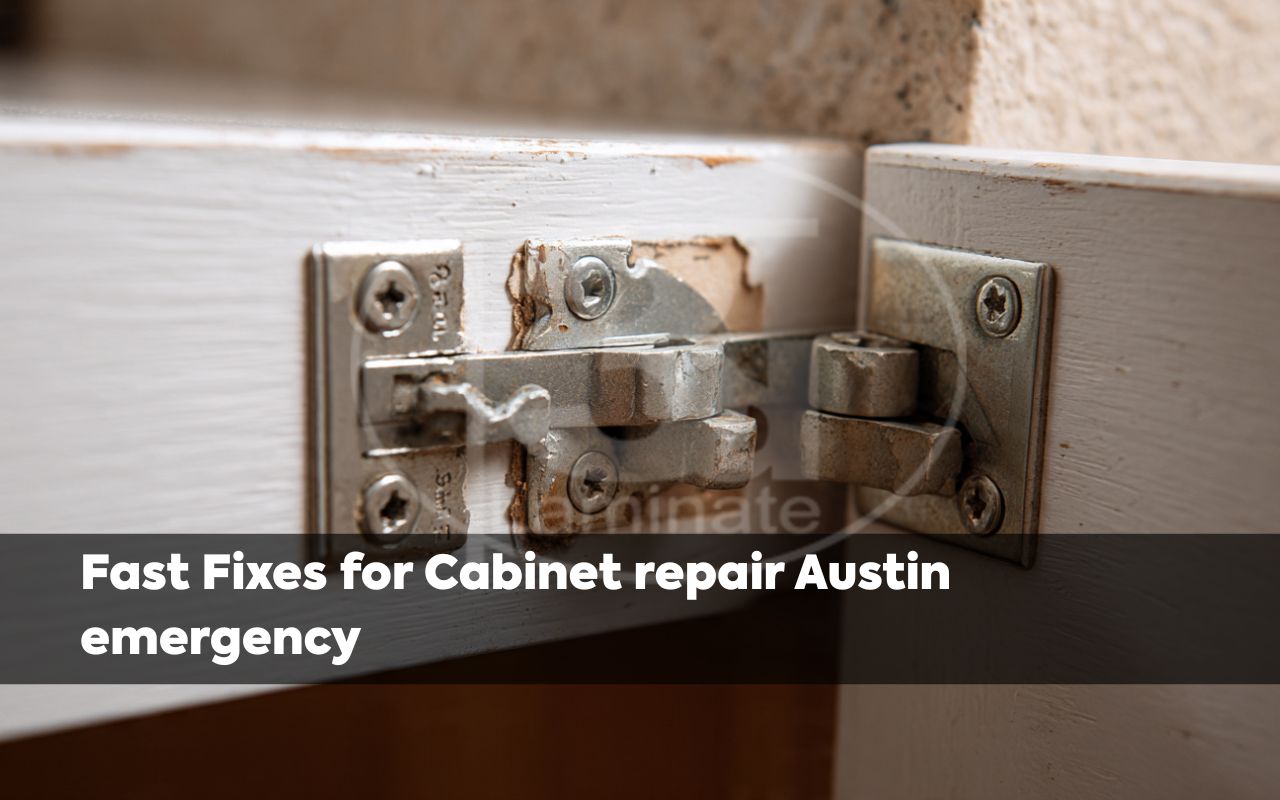 Cabinet repair Austin emergency guide showing a broken hinge being aligned on a cabinet door in Austin.