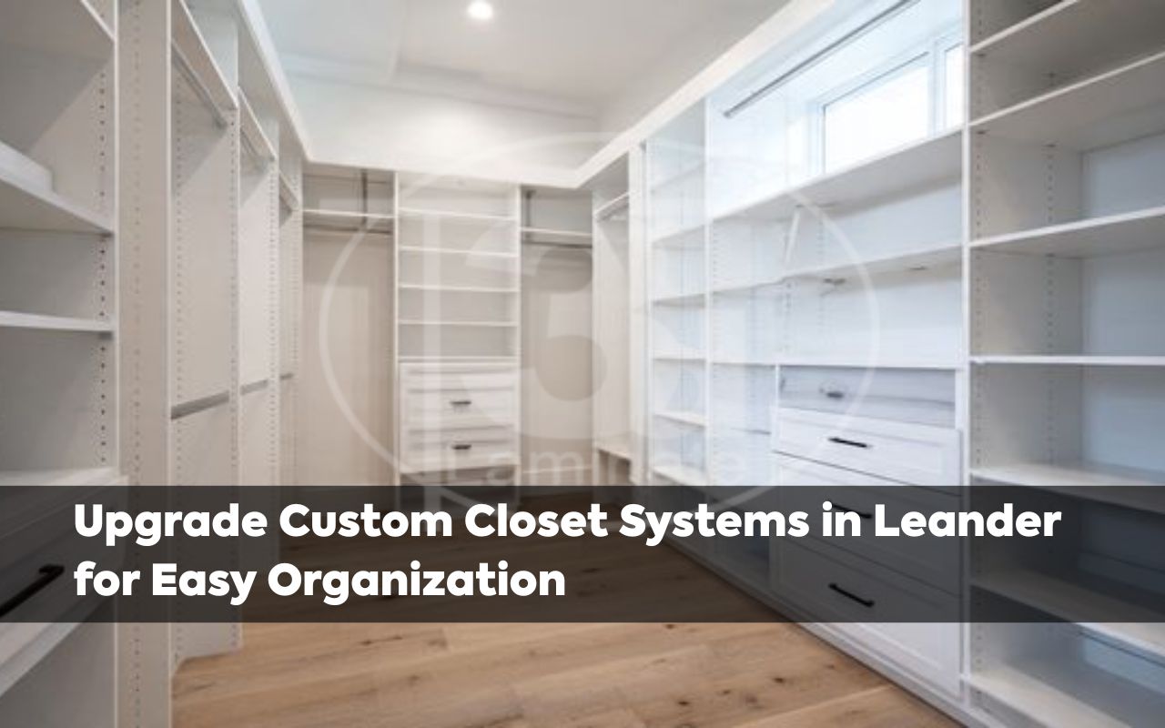 Custom closet systems in Leander with a bright walk-in layout, shelves, drawers, and accessory zones
