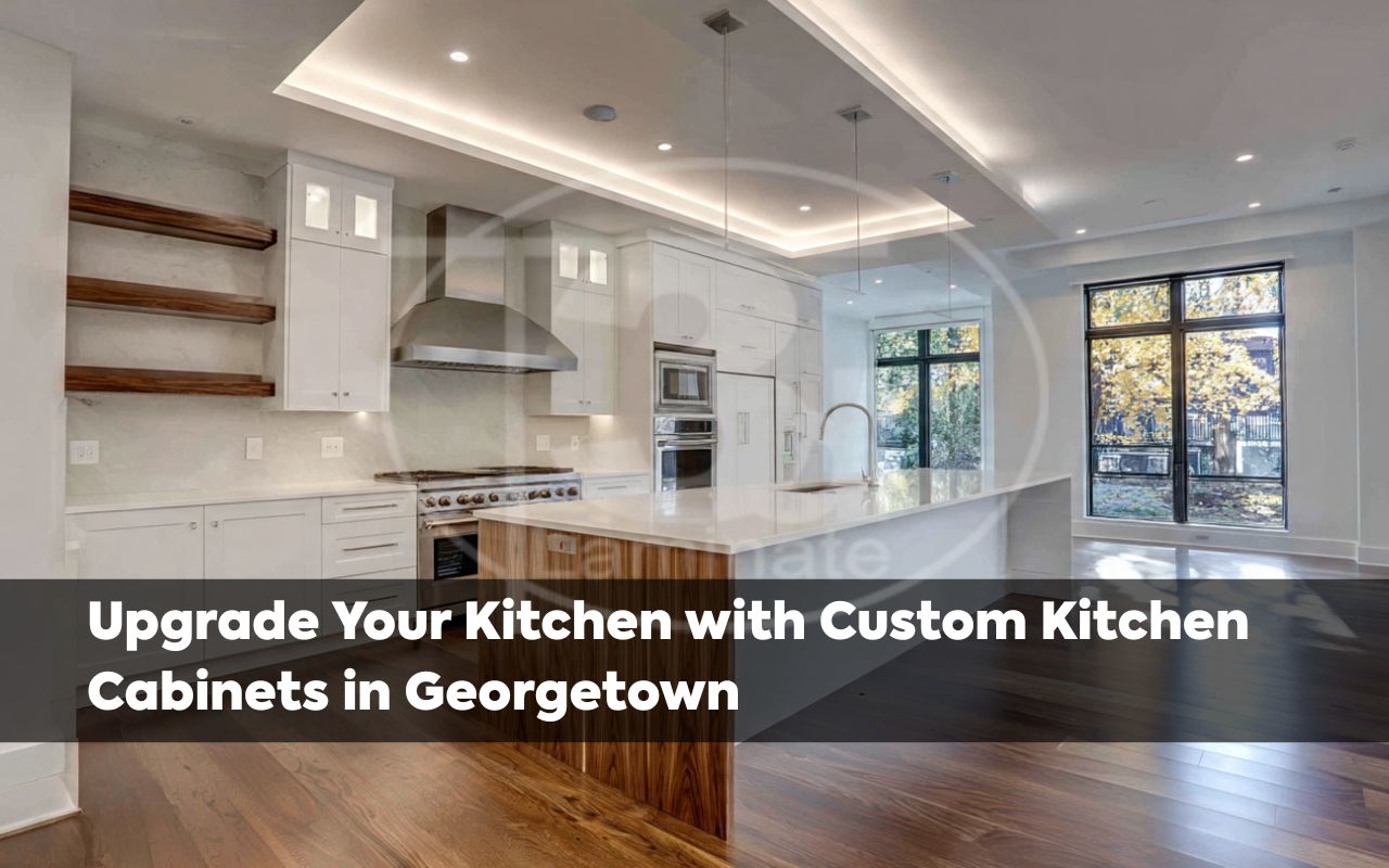 Custom kitchen cabinets in Georgetown in a modern kitchen layout with clean lines and bright lighting.